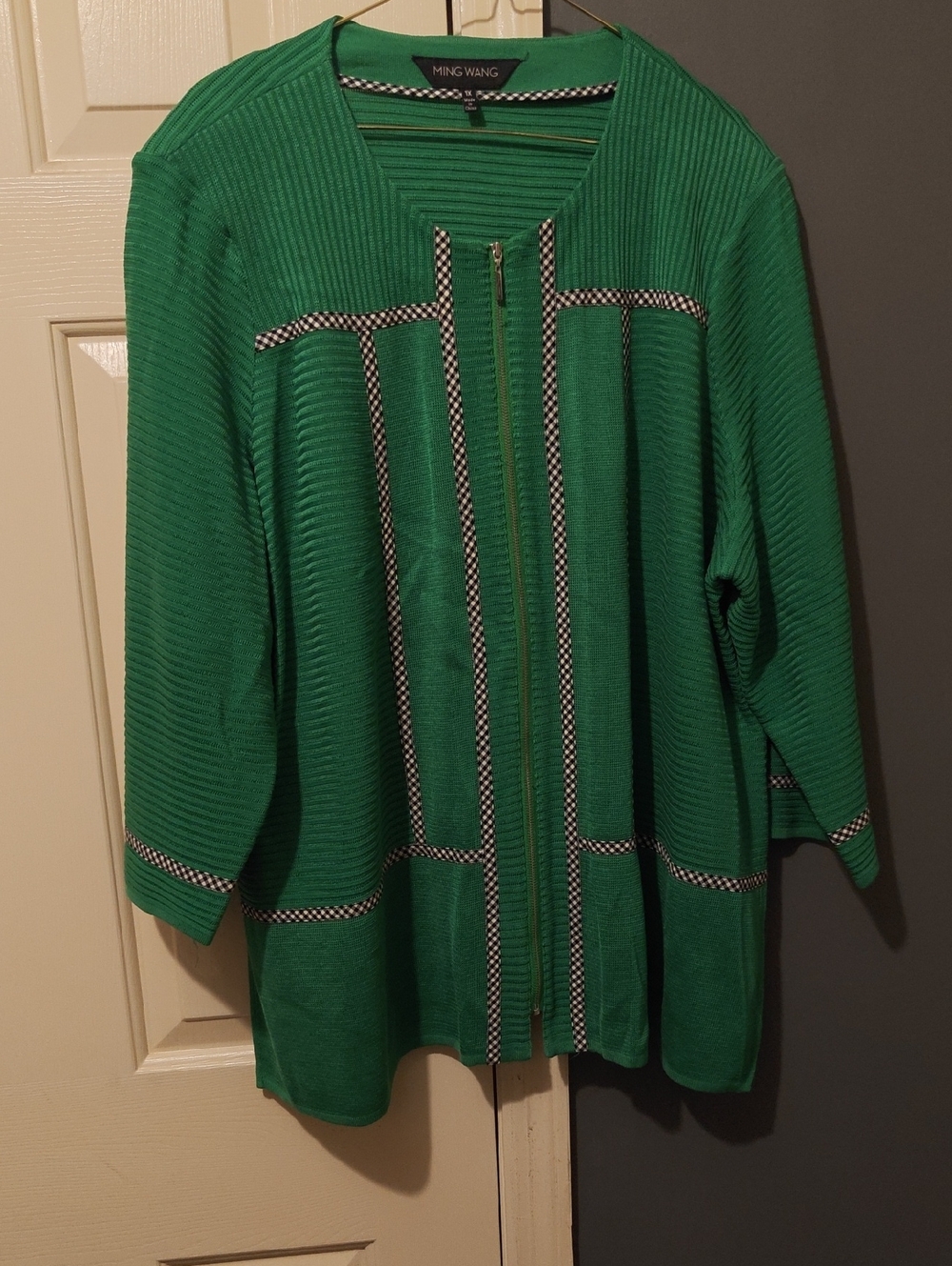 Ming Wang Emerald Green Zip-Front Textured Cardigan with Contrast Trim